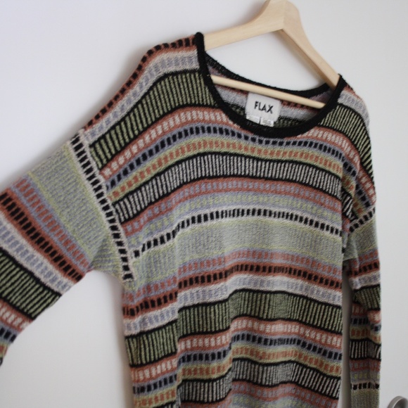 Flax Sweaters - Vtg 90s cotton blend colorful pastel blk knit swea